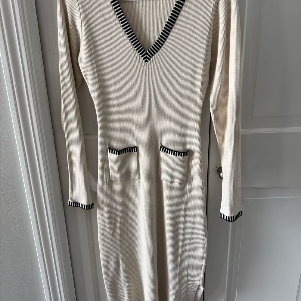 Chic Cream Long Sleeve Dress with Black Trim
